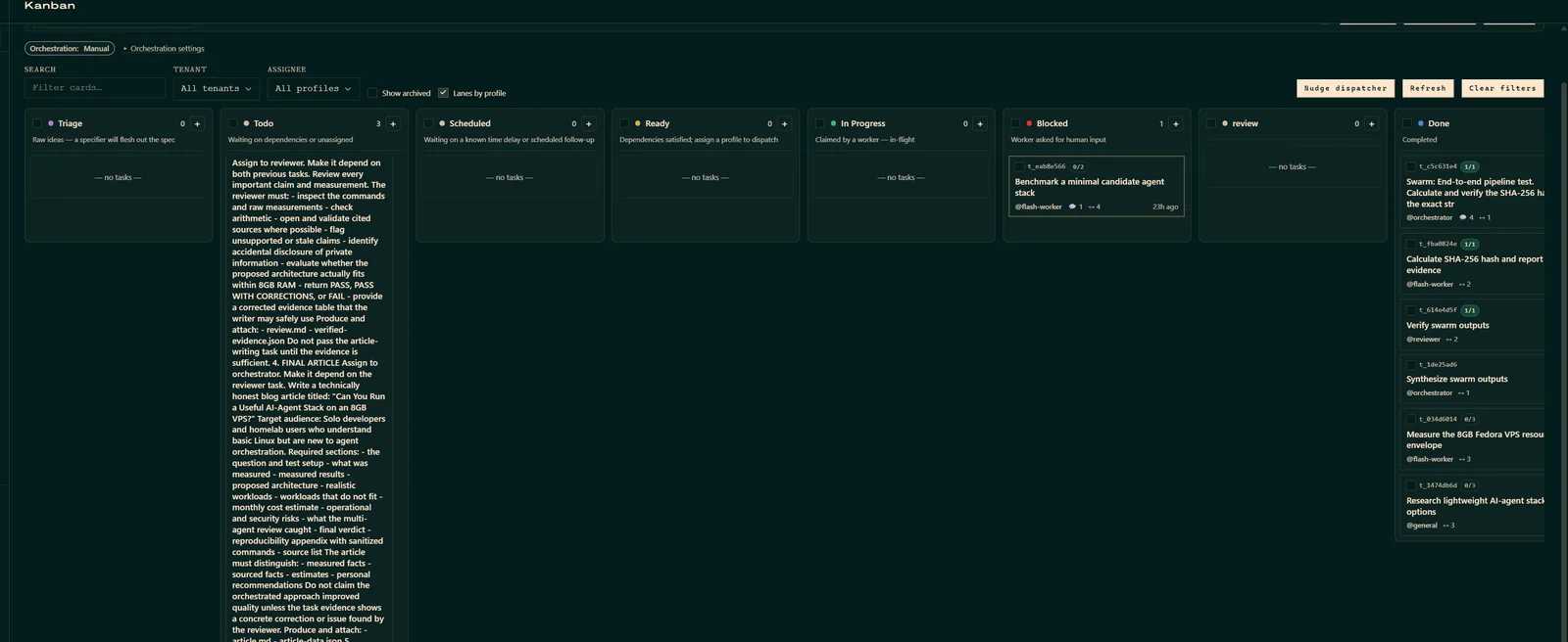 Hermes Kanban dashboard over Tailscale: create a task with the column + control