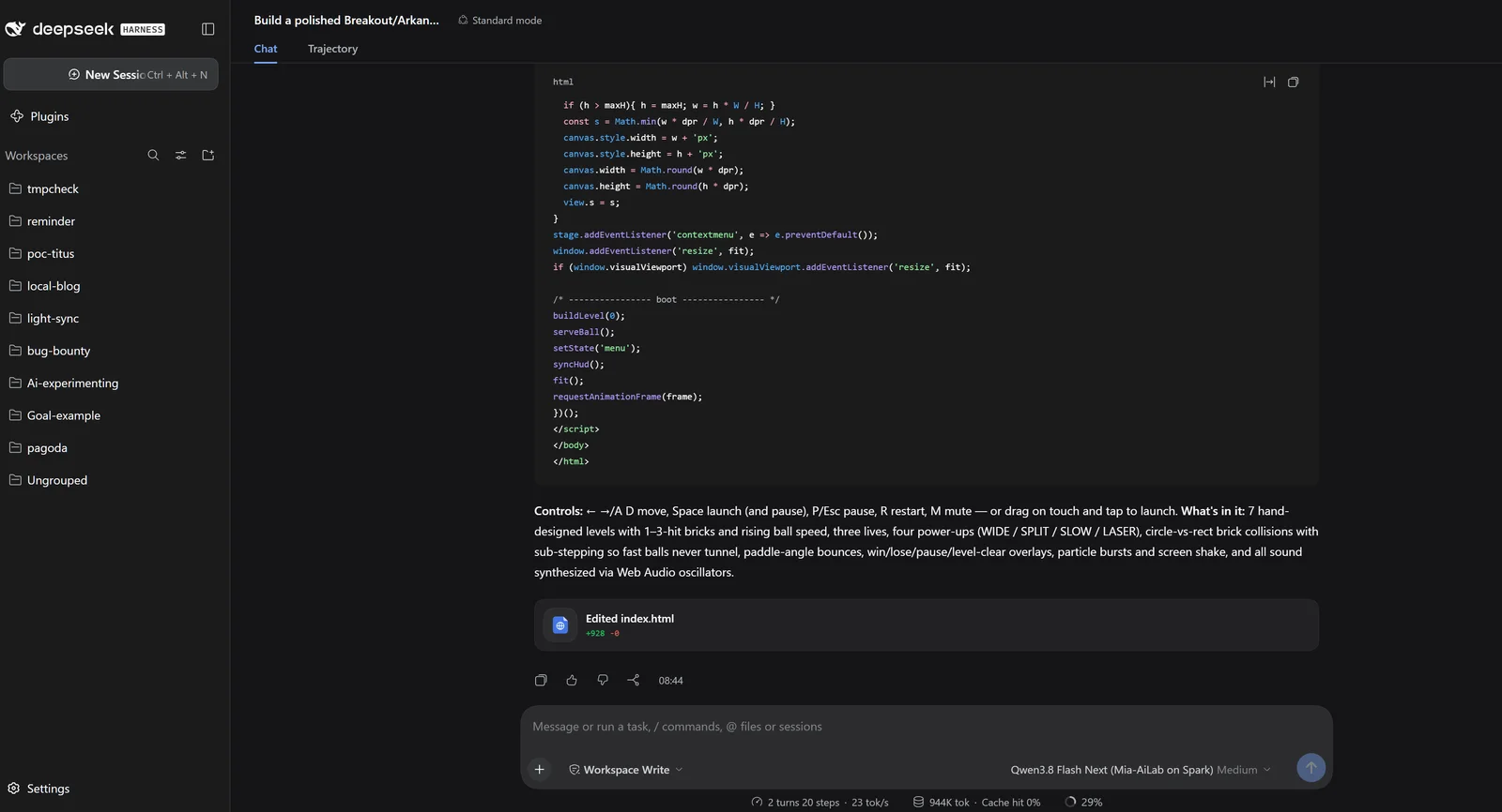 DeepSeek Harness web UI with Qwen 3.8 Flash Next running on the Spark