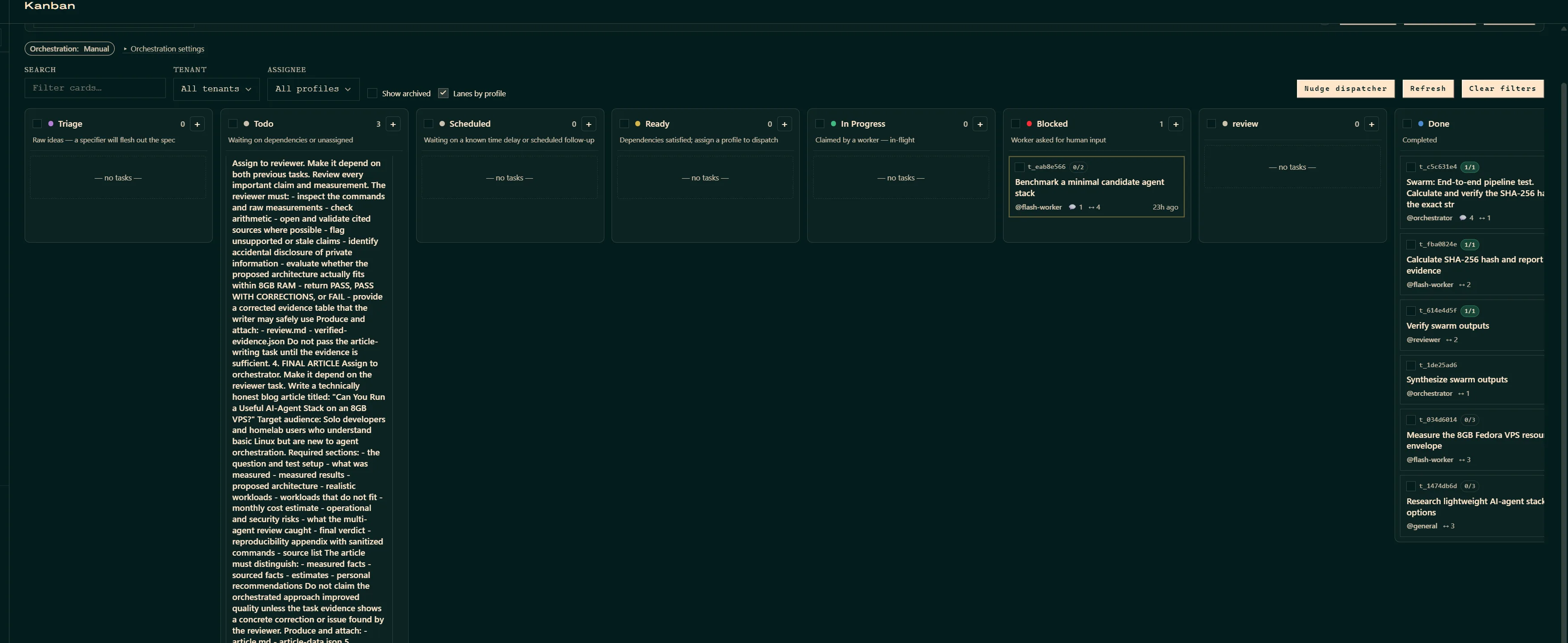Hermes Kanban dashboard over Tailscale: create a task with the column + control