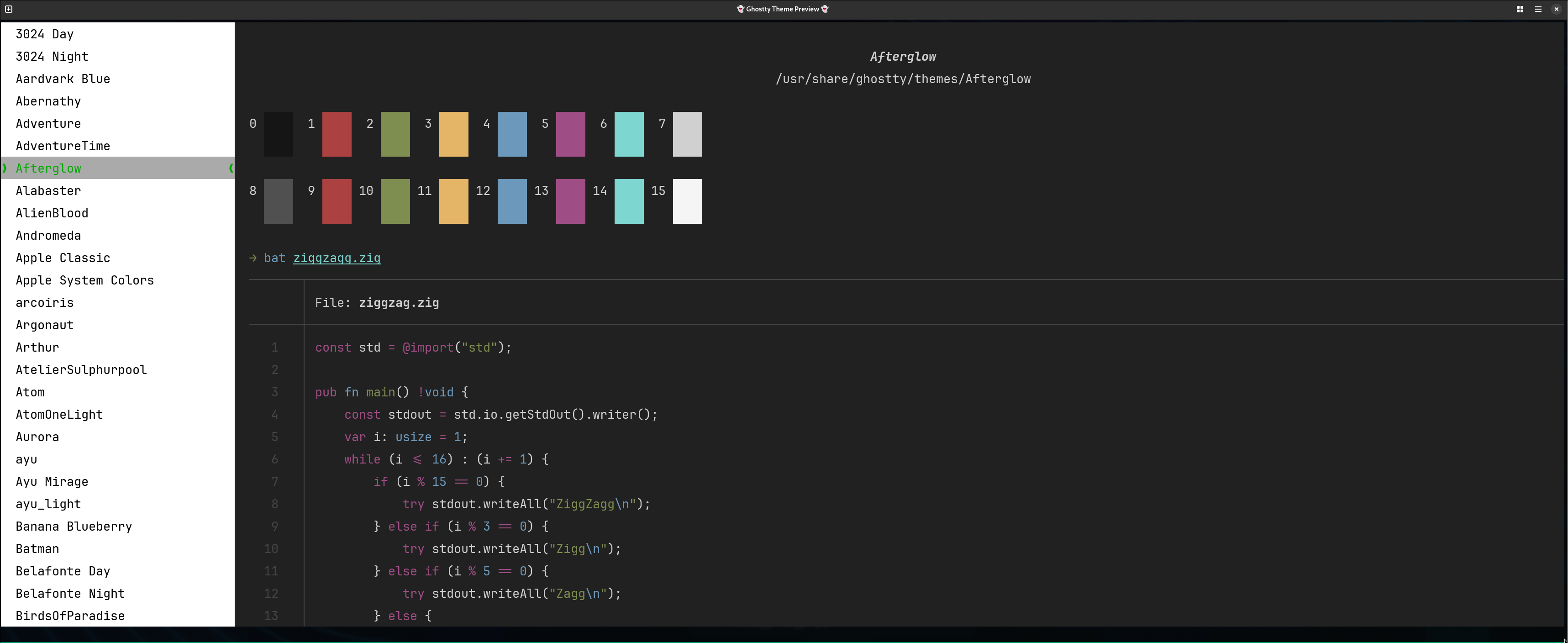 List of available Ghostty terminal themes using ghostty +list-themes command