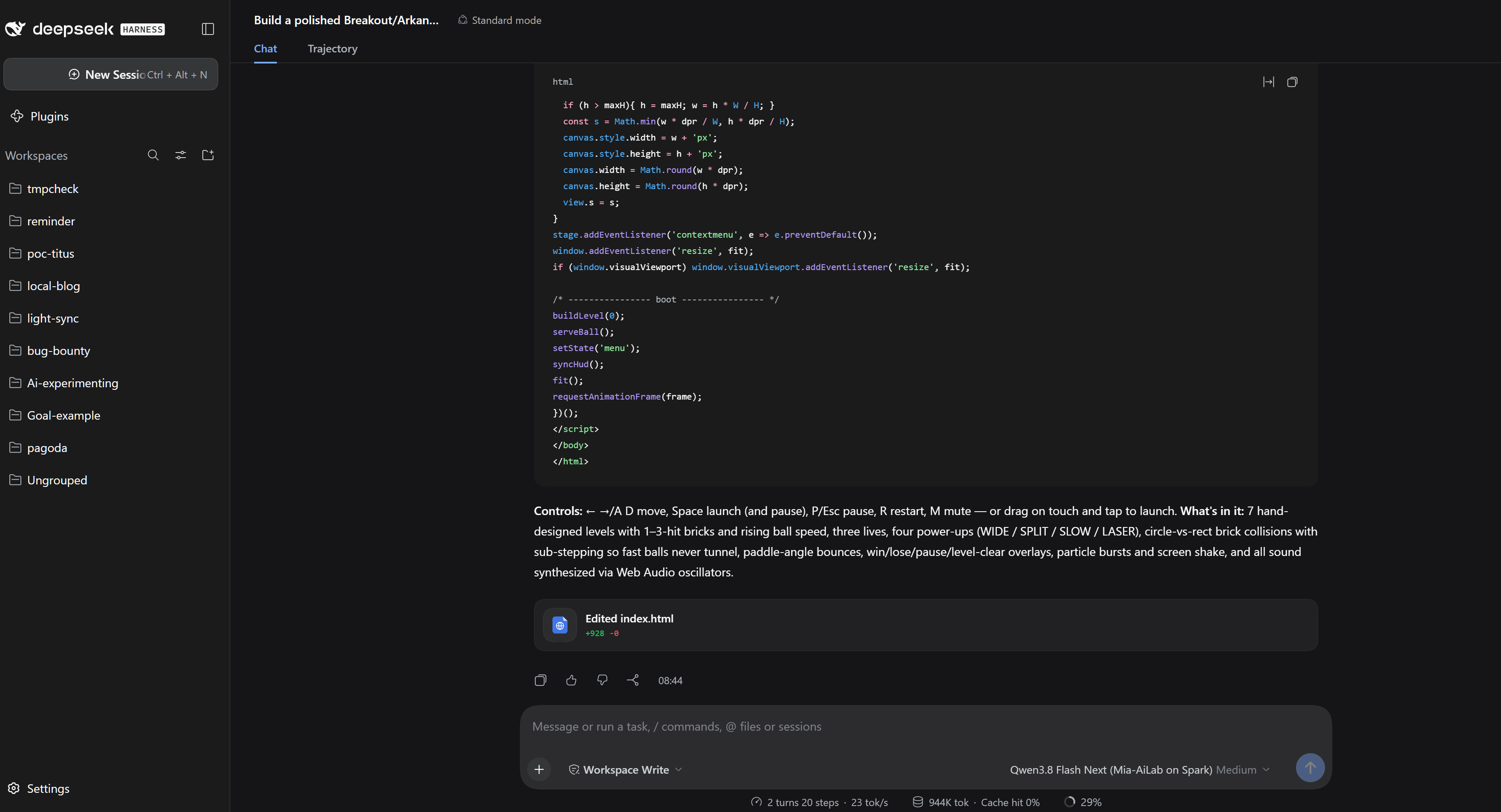 DeepSeek Harness web UI with Qwen 3.8 Flash Next running on the Spark