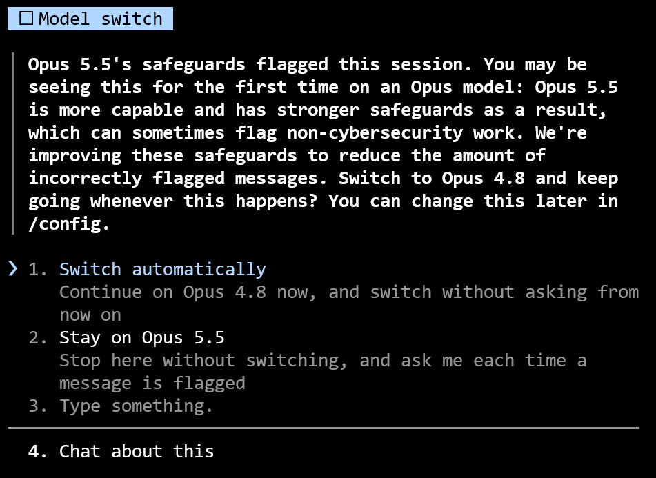 Opus 5.5 safeguards flagging a session and offering to switch to Opus 4.8