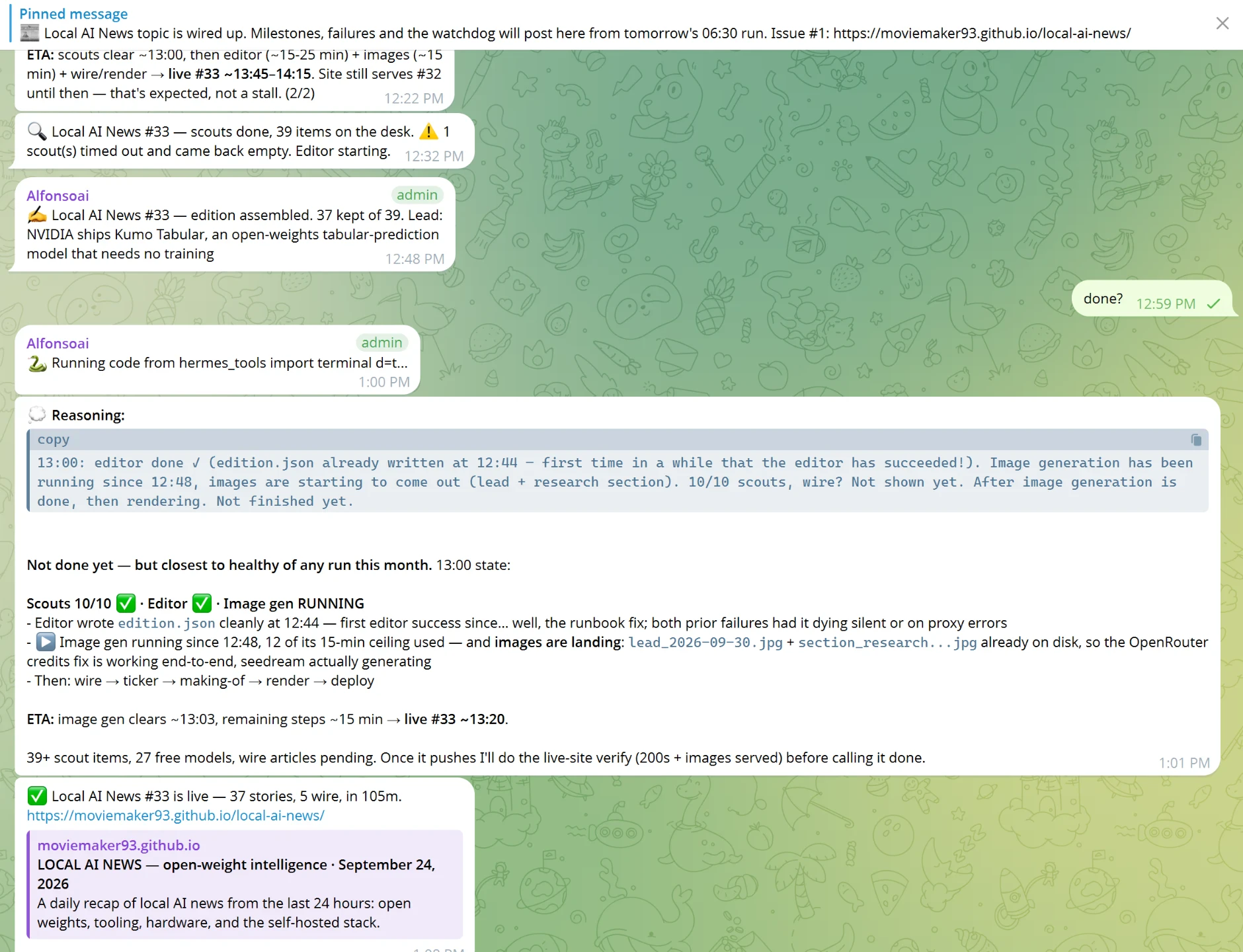 Local AI News run updates in Telegram: scouts done, edition assembled, a status check, and issue #33 live